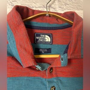The North Face Men's Red and Teal Striped Cotton Short Sleeve Polo. Size XL